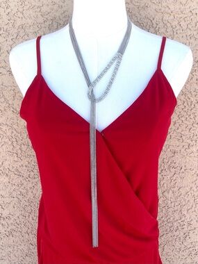 Silver Mesh Lariat Necklace Rhinestone Tassel Statement Piece